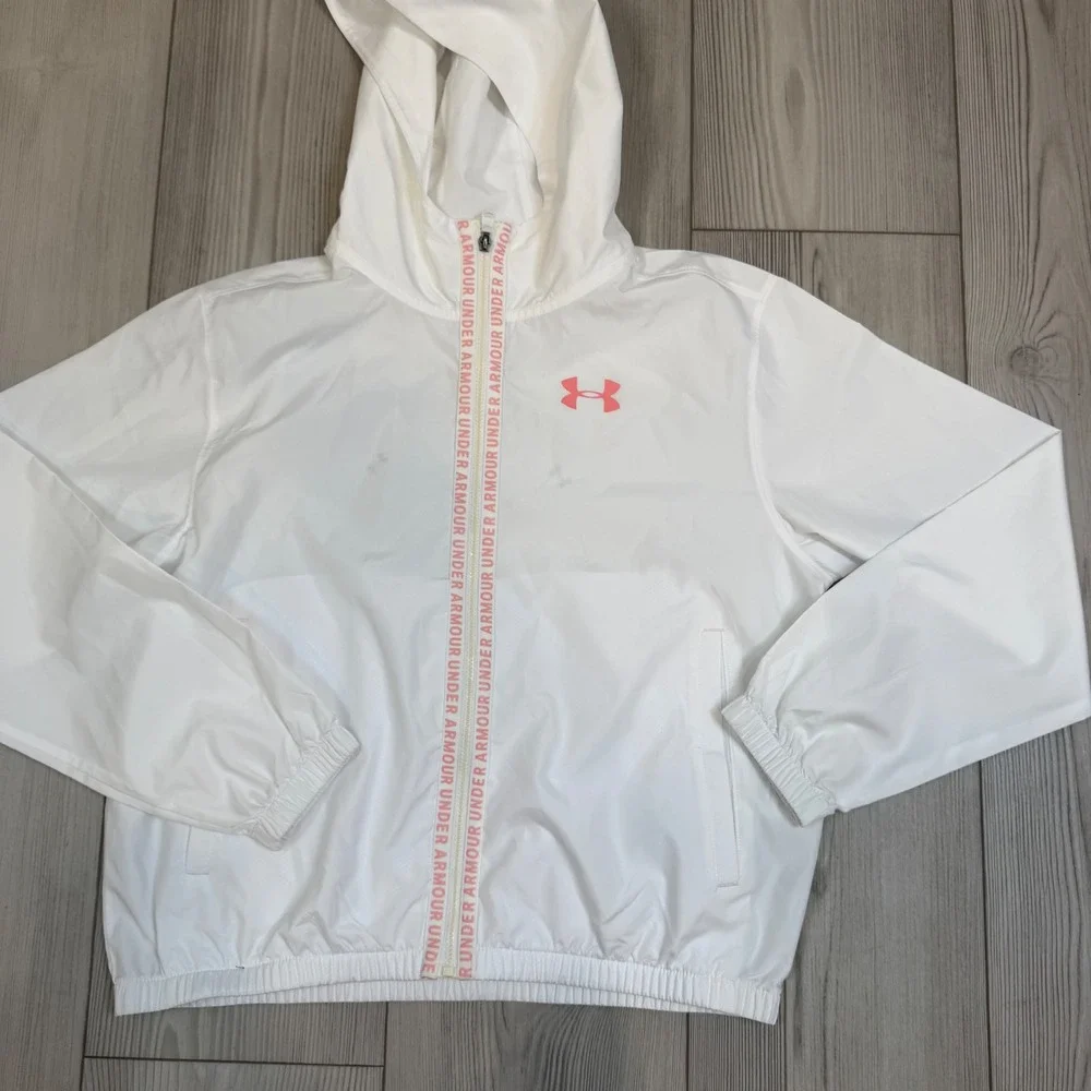 Under Armour Girls White Windbreaker Jacket Hooded Full Zip Pink Logo YMD
